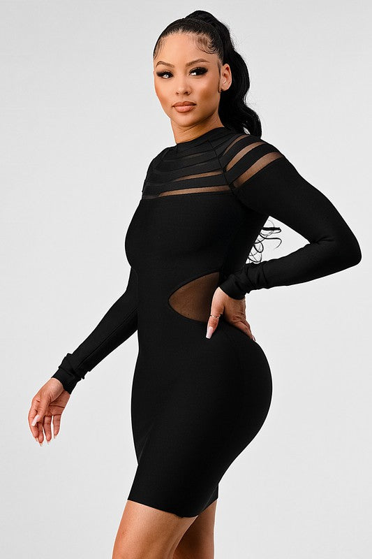 sheer cut out long sleeve bandage dress