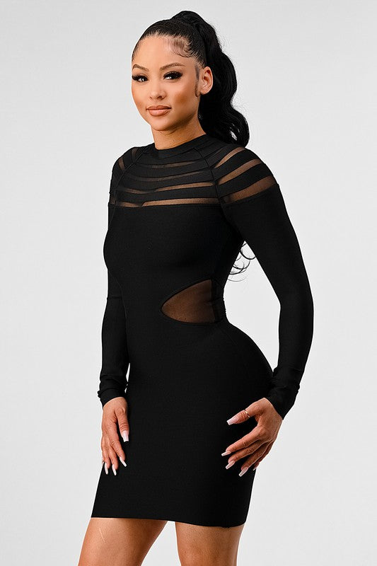 sheer cut out long sleeve bandage dress