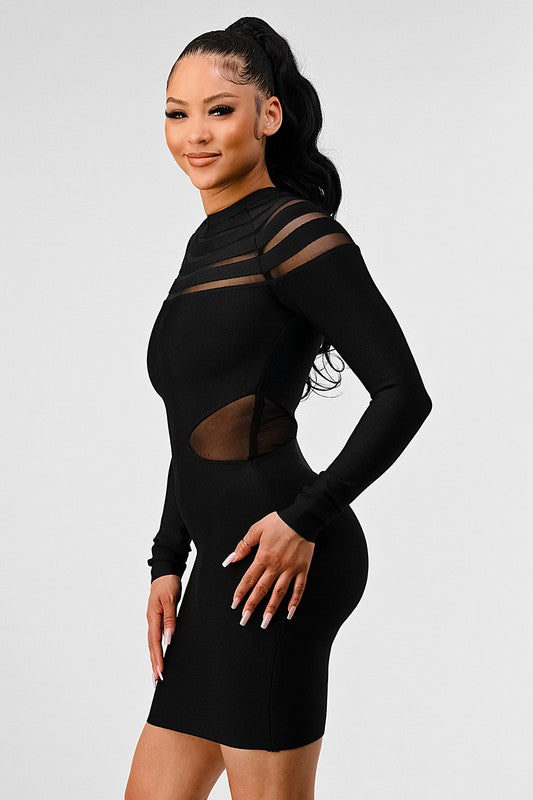 sheer cut out long sleeve bandage dress