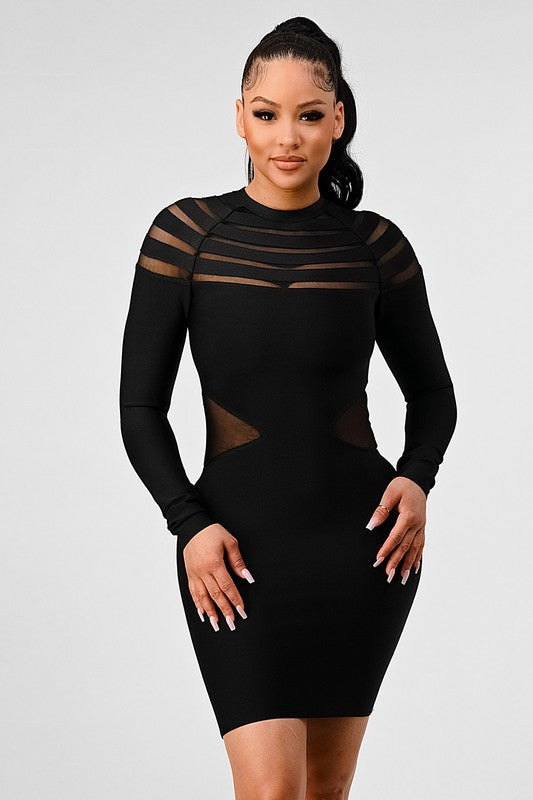 sheer cut out long sleeve bandage dress